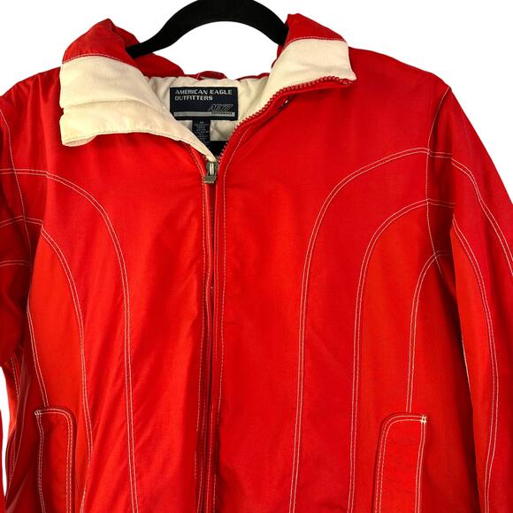 American Eagle Vintage y2k Jacket Coat medium Spell Out Log Puffer Ski Hooded - Picture 2 of 11